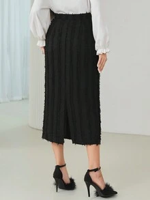 Modelyn Solid Fuzzy Straight Skirt - Black - View 2