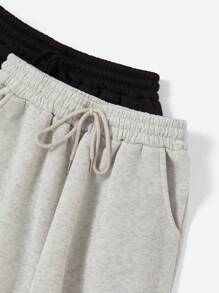 SHEIN EZwear 2入組素色腰部抽繩衛褲 - 黑色 - 查看 4