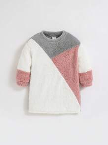 SHEIN Baby Girl Casual Color Block Thermal Lined Round Neck Long Sleeve Dress - Grey - View 1