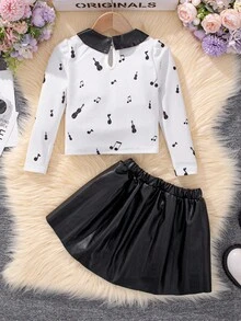 SHEIN 女小童人像圖案拼接領T恤和裙子 - 黑與白 - 查看 2