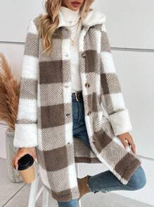 SHEIN Essnce 大方格圖案落肩袖絨毛外套 - 彩色 - 查看 5