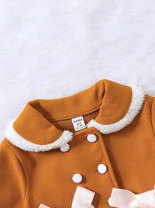 Baby Girl Contrast Lace Ruffle Trim Double Breasted Bow Front Peter Pan Collar Double Button Overcoat - Camel - View 4