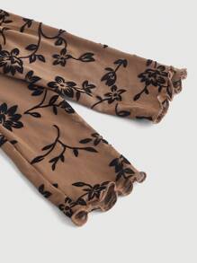SHEIN MOD Floral Print Lettuce Trim Mesh Top - Brown - View 3