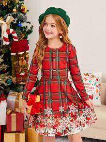 SHEIN Girls' Knitted Plaid & Snowflake Pattern Round Neck Fitted Casual Dress, Family Matching Outfits Mommy And Me (3 Pieces Sold Separately)