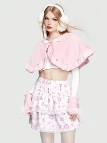 ROMWE Kawaii Appliques Tie Neck Cape Coat - Pink - View 5