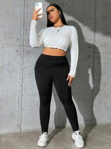 SHEIN EZwear Talla grande Pantalones ajustados fruncido delantero - Negro - Ver 1