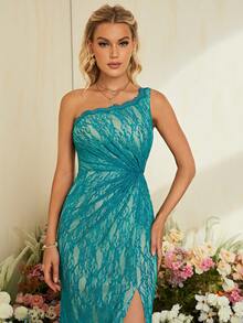 One Shoulder Split Thigh Lace Bridesmaid Dress - Teal Blue - View 6