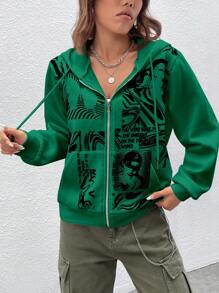 SHEIN EZwear 休閒抽繩 口袋 拉鍊人像 標語女士衛衣 - 綠色 - 查看 1