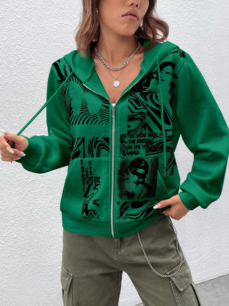 SHEIN EZwear 休閒抽繩 口袋 拉鍊人像 標語女士衛衣 - 綠色 - 查看 1