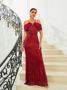 Missord Cold Shoulder Sequin Formal Dress - Burgundy - View 3