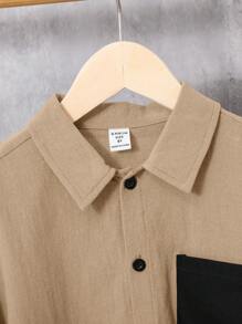 SHEIN Leap Crew 男大童雙色口袋貼布襯衫和褲子不帶T恤 - 卡其色 - 查看 4