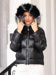 Two Way Zip Up Fuzzy Trim Hooded Down Coat - Black - View 1