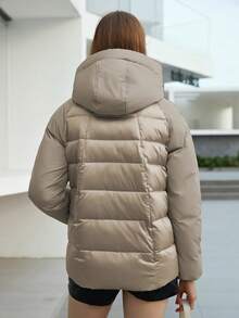 ZIAI 拉链抽绳连帽夹棉大衣 - 米色 - 查看 2