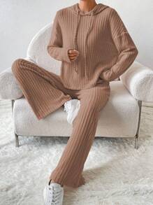 EMERY ROSE 落肩袖抽繩連帽衫&喇叭褲 - 摩卡棕 - 查看 1