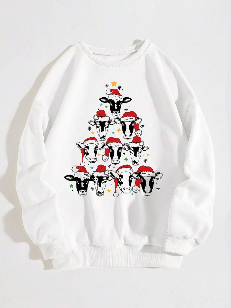 SHEIN EZwear 聖誕圖案加絨內裏運動衫 - 白色 - 查看 1