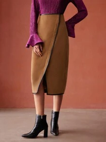 MOTF PREMIUM 羊毛混紡仿皮邊半身裙 - 駝色 - 查看 9