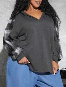 SHEIN CURVE+ Plus Size Plaid Print Drop Shoulder Sweatshirt - Grey - View 5