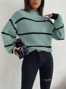 Celisse Striped Pattern Drop Shoulder Sweater,Long Sleeve Tops Knit Pullover Fall Winter Outfit - Green - View 4