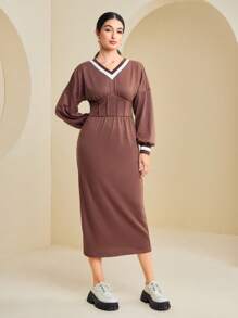 Seusyu Vestido sudadera ribete de rayas de hombros caídos - Marrón Mocha - Ver 5