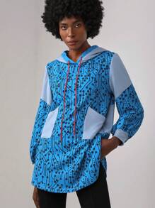 Clothing That Speaks 设计师全身印花拼色抽绳连帽开衩下摆运动衫，秋季，适合秋冬季、假日、度假 - 藍色 - 查看 3