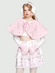 ROMWE Kawaii Appliques Tie Neck Cape Coat - Pink - View 1