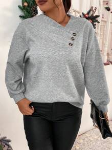 SHEIN LUNE Plus Button Detail Asymmetrical Neck Sweatshirt Graduation,Back To School,Graduation,Teacher For Women,Back To School Pullover Fall Winter Sweatshirt Autumn - Multicolor - View 3