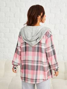 SHEIN EZwear Plaid Print Drop Shoulder Drawstring Hooded Shirt - Pink - View 3