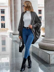 SHEIN LUNE 滿版印花蝙蝠袖開門襟外套 - 黑色 - 查看 3