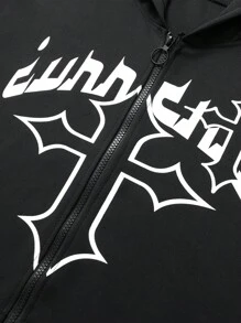 Manfinity EMRG 宽松男士字母图案拉链开合连帽夹克带抽绳，外出时尚长袖轻便夹克，适合朋友、丈夫、男朋友的礼物 - 黑色 - 查看 5