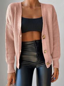 Drop Shoulder Button Front Ribbed Knit Cardigan - Pink - View 5