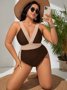 SHEIN Swim Curve Summer Beach Plus Colorblock Plunging Neck One Piece Swimsuit