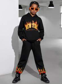 2pcs/Set Tween Boys Casual Printed Hoodie And Printed Pants Knit Fleece Thickened Outfit - Black - View 1