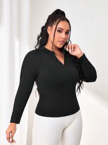 SHEIN Sports Plus Notched Neck Sports Sweatshirt - Black - View 6