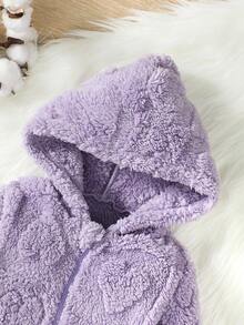 Baby Girl Heart Pattern Hooded Teddy Jumpsuit - Purple - View 3