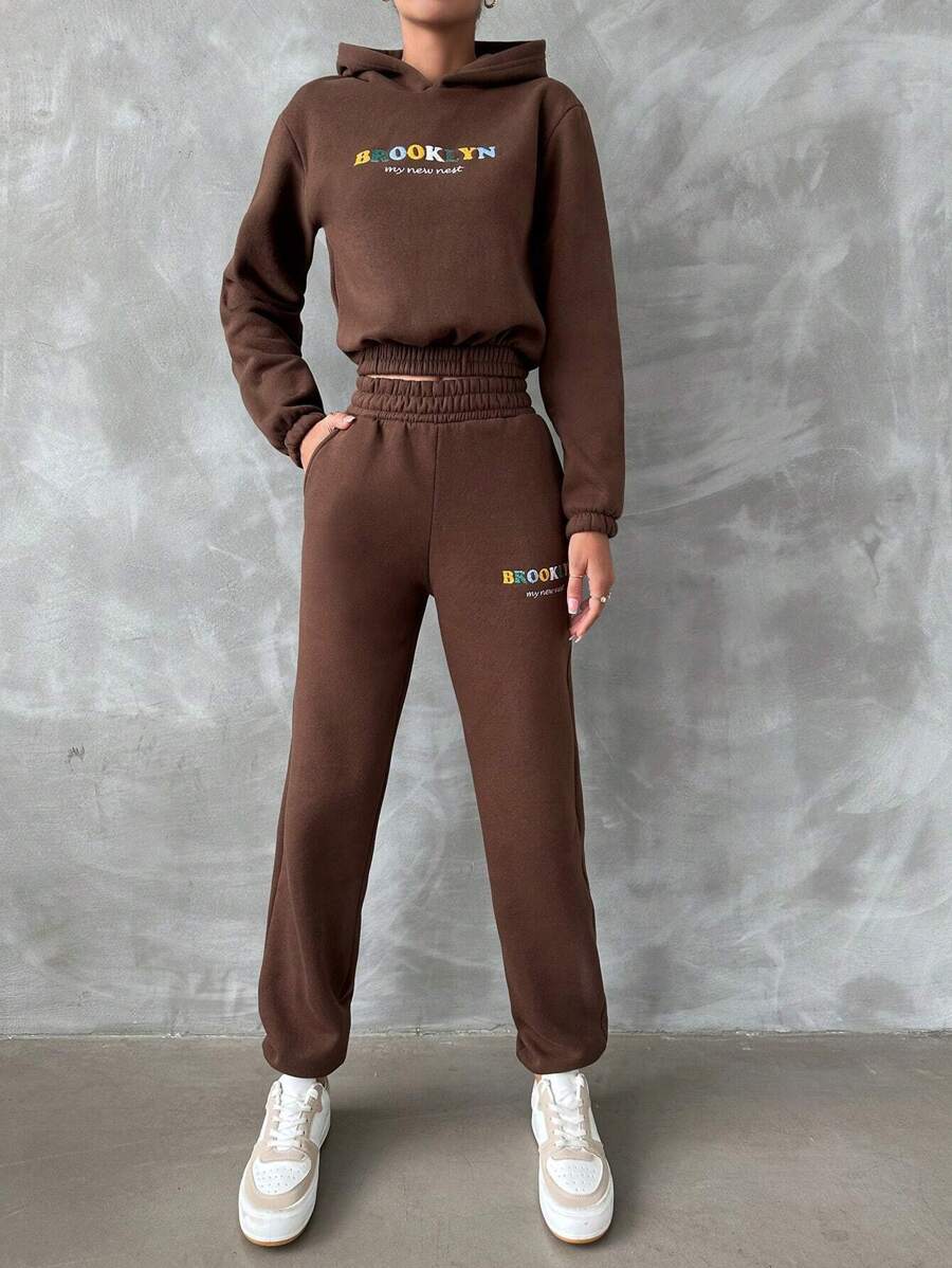 EURMUSE Embroidery Detail Thermal Hoodie & Sweatpants - Brown - View 1