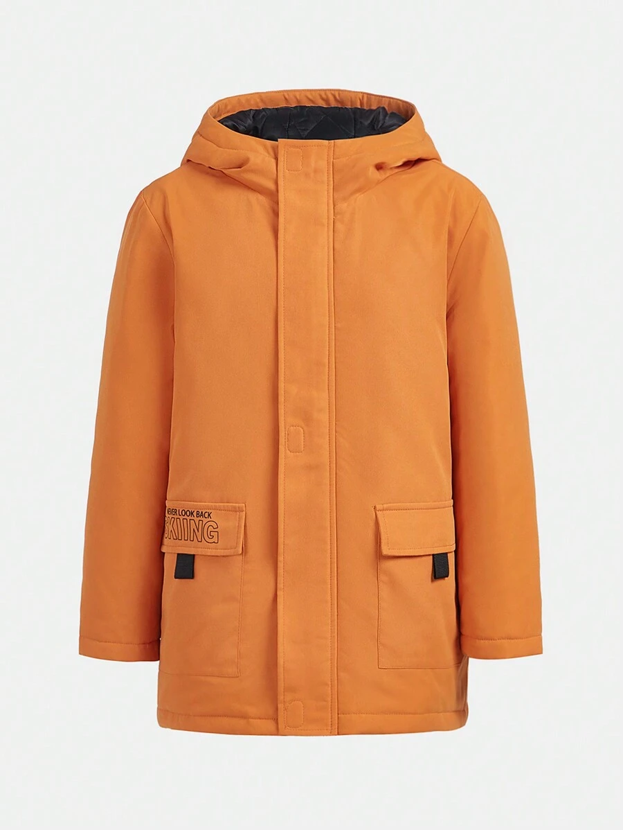 SHEIN Tween Boy Letter Graphic Flap Pocket Hooded Sports Coat - Orange - View 1