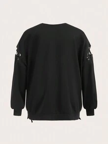 ROMWE PUNK Plus Letter & Figure Graphic Lace Up Side Drop Shoulder Sweatshirt - Black and White - View 2
