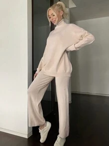 Solid Turtleneck Drop Shoulder Sweater & Knit Pants - Apricot - View 1
