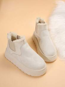 Fall/Winter Women's Solid Color Fringed Thermal Lined Thick Sole Snow Boots, Indoor House Slippers,Fur Boots - Beige - View 3