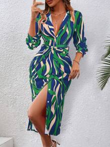 SHEIN Clasi 滿版印花繫腰帶洋裝 - 彩色 - 查看 1