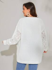 SHEIN VCAY Plus Size Drop Shoulder Mesh Embroidered Cardigan - White - View 2