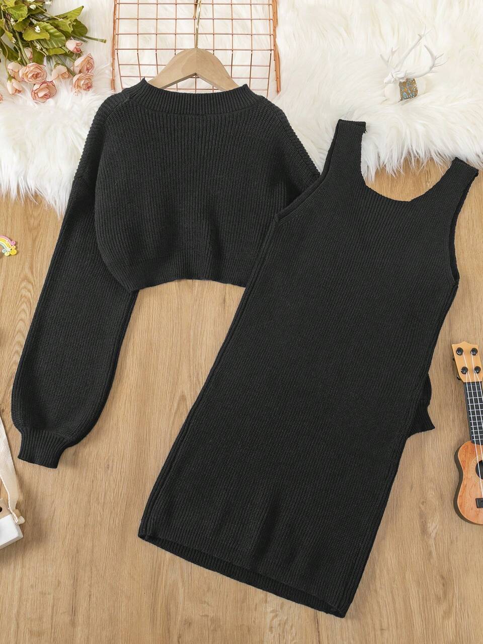 Tween Girl Drop Shoulder High Low Hem Sweater & Ribbed Knit Tank Dress Autumn Fall