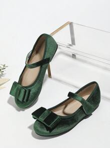 Girls' Retro Style Velvet Princess Shoes, Ballerina Flats For Children Performing On Stage, In Fashionable French Style - Green - View 2