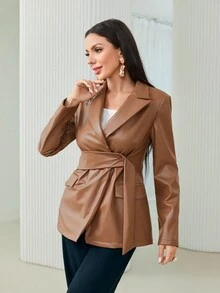 Modelyn 西裝領腰帶PU皮革西裝外套 - 卡其色 - 查看 4