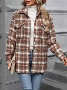 SHEIN LUNE 格紋印花落肩袖翻蓋口袋花呢外套 - 駝色 - 查看 4