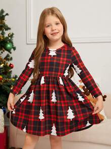 SHEIN Váy len dài vừa phải hình cây thông Noel cổ tròn cho bé gái, trang phục phù hợp cho mẹ và bé (2 món bán riêng) - Đỏ - Xem 7