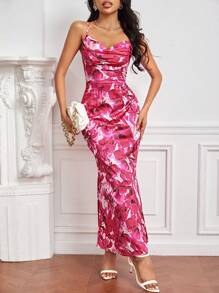 SHEIN Privé 印花垂領吊帶洋裝 - 玫紅色 - 查看 5