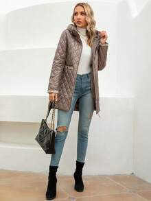 Zip Up Hooded Quilted Coat - Brown - View 5