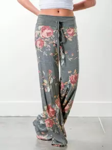 Plus Size Women Floral Print Drawstring Waist Casual Loose Wide Leg Pants - Grey - View 2