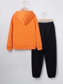 SHEIN Tween Boy Letter Graphic Hoodie & Sweatpants - Orange - View 2